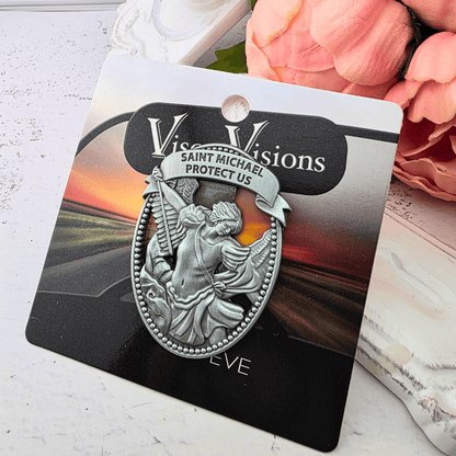 A silver-toned Saint Michael the Archangel visor clip, Sister Dulce Gift Shop, Shepherds Staff, Religious Store, Cypress Springs Mercedarian Prayer Center, Catholic, new item, gift for him, young adult, new driver