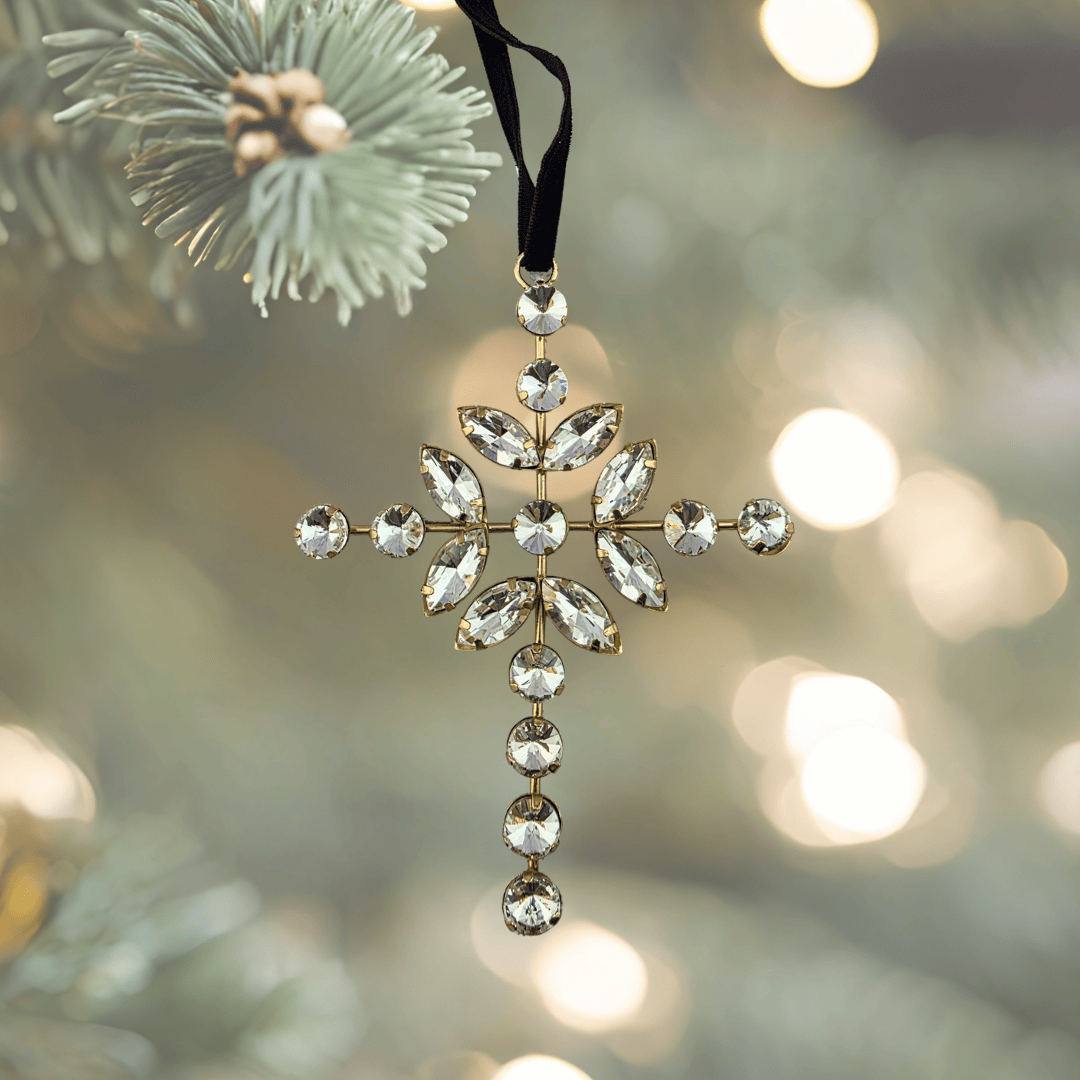 A gold-toned Cross Christmas tree ornament, adorned with clear faceted rhinestones, Sister Dulce Gift Shop, Shepherds Staff, Religious Store, Cypress Springs Mercedarian Prayer Center, Catholic, new item, popular item, home decor 
