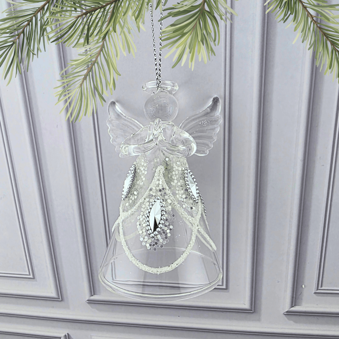 Glass Angel Bell Ornament with Rhinestone Accent