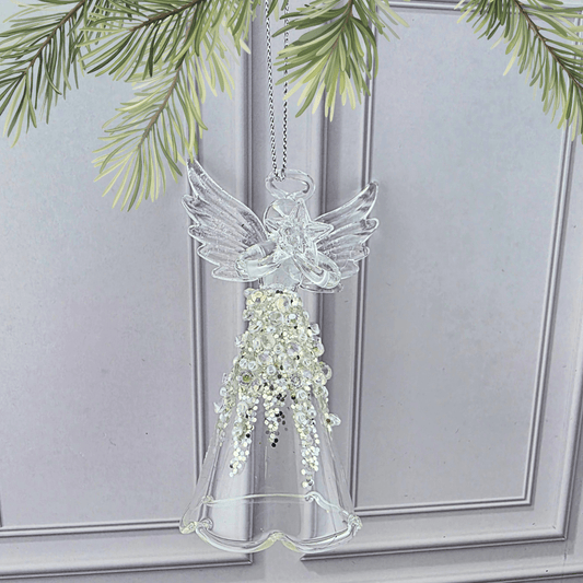 Glass Angel Bell Ornament with Crystal Beaded Gown