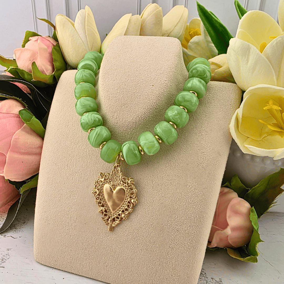 Sacred Heart Bright Green and Gold Beaded Necklace