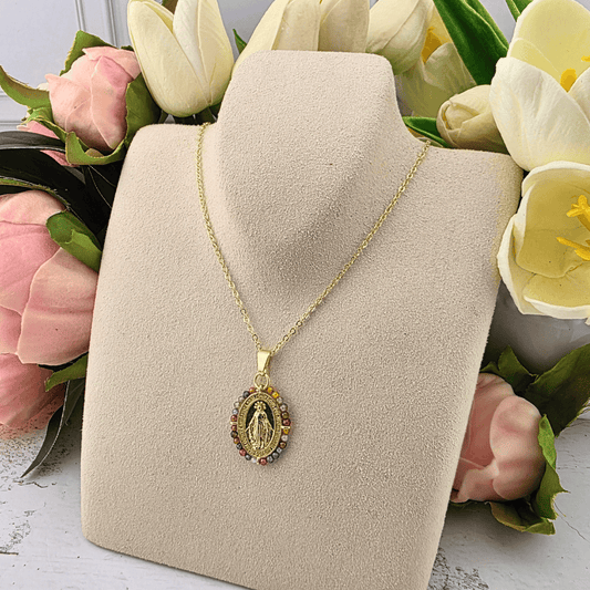 Miraculous Medal Necklace with Multicolor Beaded Border, Sister Dulce Gift Shop, Shepherds Staff, Religious Store, Cypress Springs Mercedarian Prayer Center, Catholic, jewelry