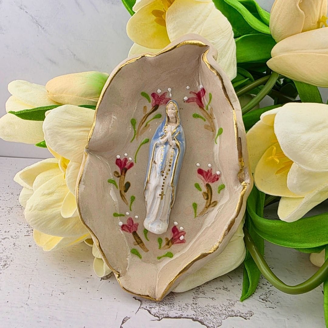 Sister Dulce Gift Shop, Shepherds Staff, Religious Store, Cypress Springs Mercedarian Prayer Center, Catholic, Sacred Treasures, Our Lady of the Rosary Trinket Tray, Pink Flowers