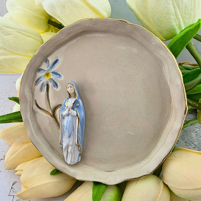 Sister Dulce Gift Shop, Shepherds Staff, Religious Store, Cypress Springs Mercedarian Prayer Center, Catholic, Sacred Treasures Trinket Dish, Our Lady, Mother Mary, Blue Flower, Daisy