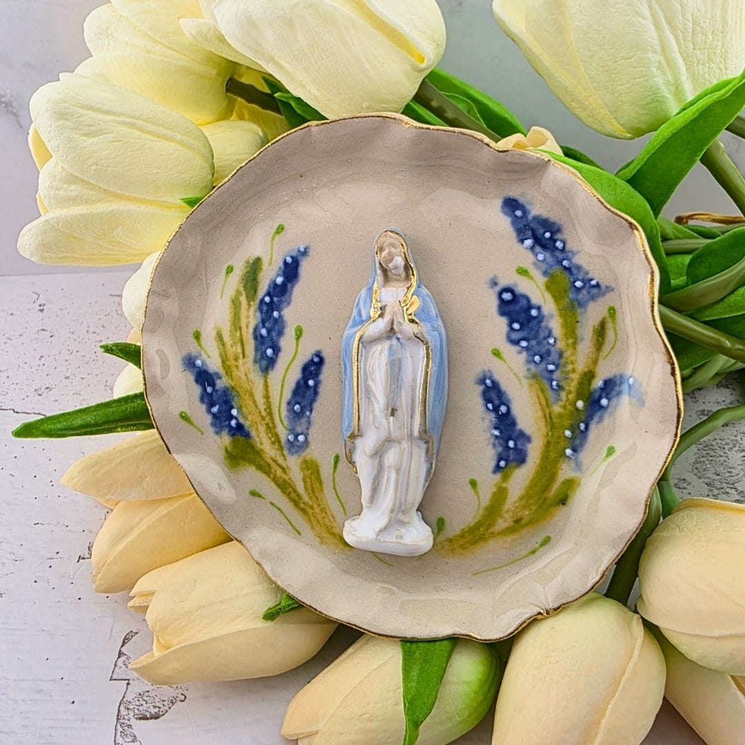 Sister Dulce Gift Shop, Shepherds Staff, Religious Store, Cypress Springs Mercedarian Prayer Center, Catholic, Sacred Treasures, Our Lady of the Rosary Trinket Tray, Blue Flowers