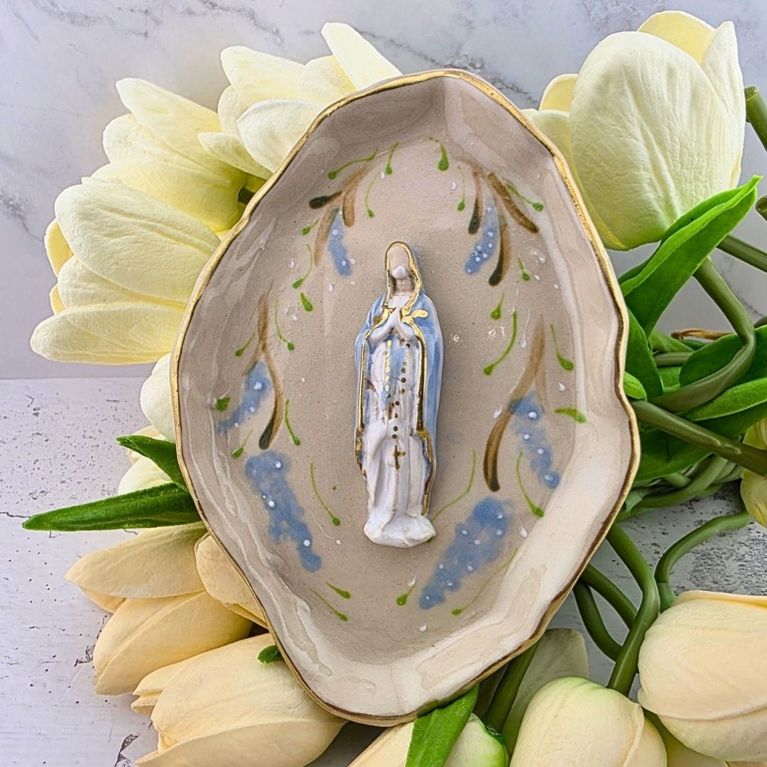 Sister Dulce Gift Shop, Shepherds Staff, Religious Store, Cypress Springs Mercedarian Prayer Center, Catholic, Sacred Treasures, Our Lady of the Rosary Trinket Dish, Blue Flowers