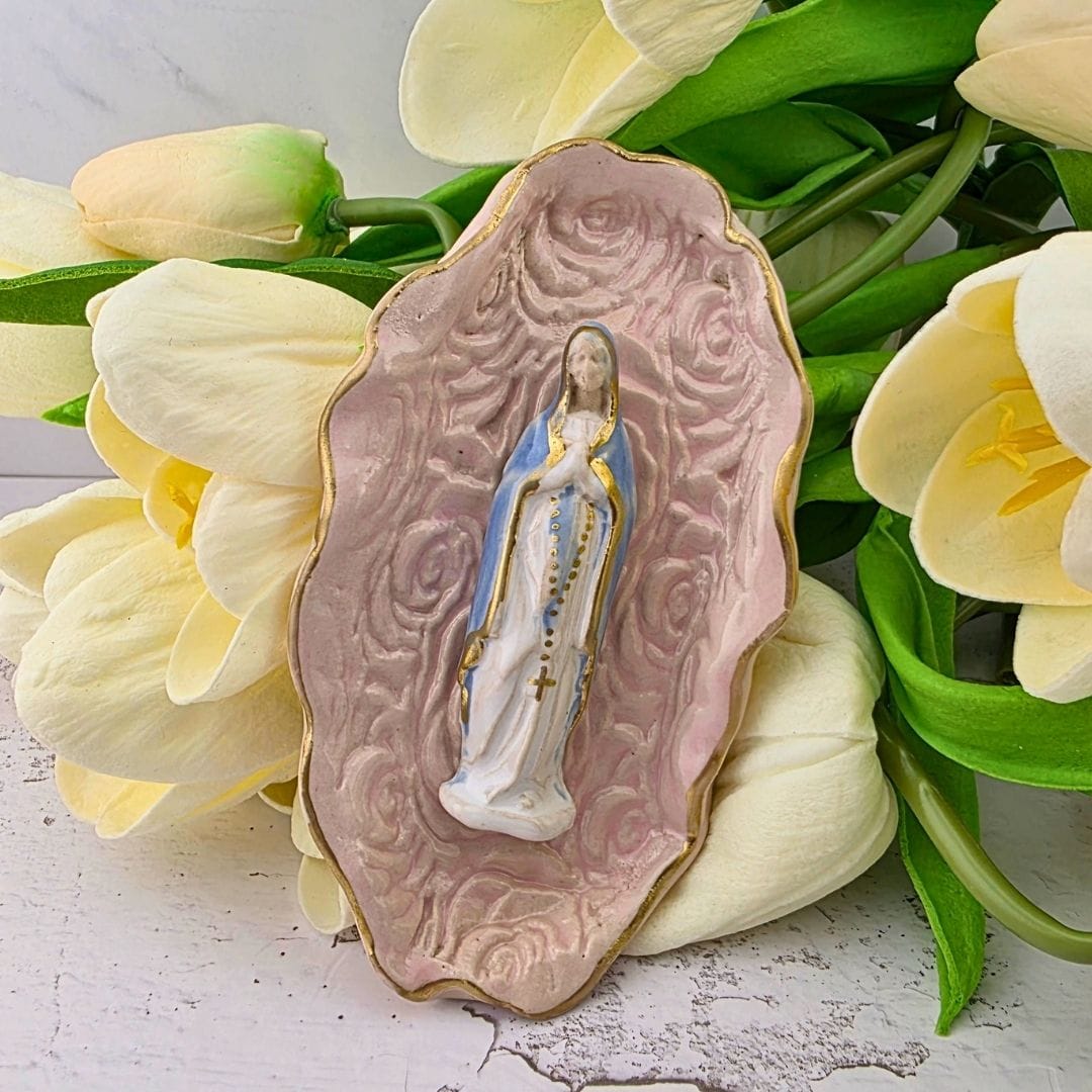 Sister Dulce Gift Shop, Shepherds Staff, Religious Store, Cypress Springs Mercedarian Prayer Center, Catholic, Sacred Treasures, Our Lady of the Rosary Trinket Dish, Pink Floral