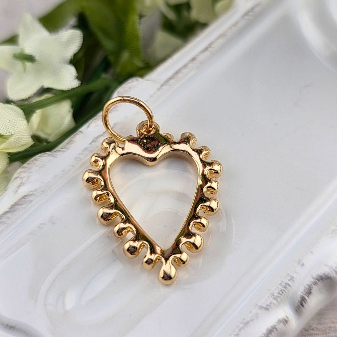 Gold heart charm , open heart charm, studded heart, charm necklace, charm bracelet, charm bar, shepherds staff gift shop, sister dulce