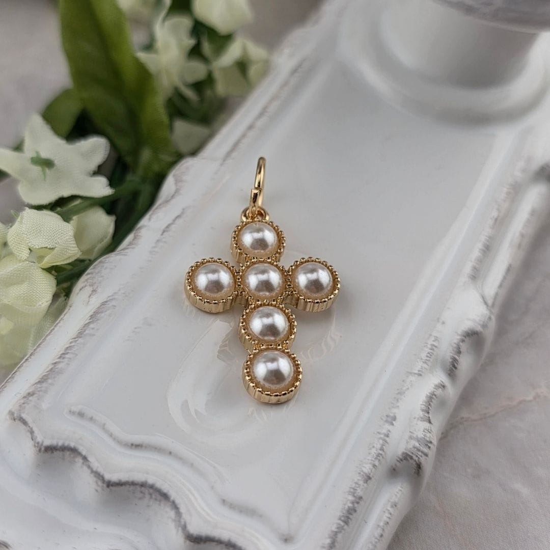 gold cross charm with pearls for charm necklace and bracelet, sister dulce, bows, shepherds staff gift shop