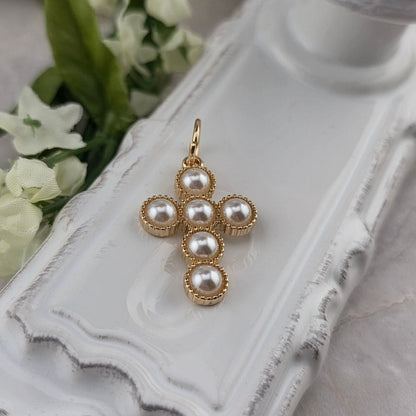 gold cross charm with pearls for charm necklace and bracelet, sister dulce, bows, shepherds staff gift shop