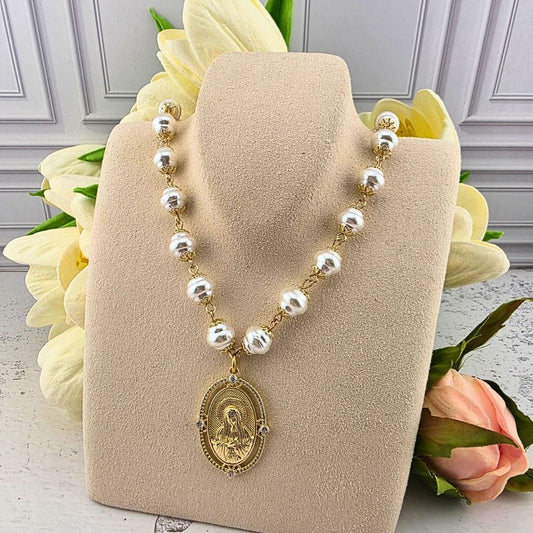 Gold-Tone Miraculous Medal Pearl Bead Necklace