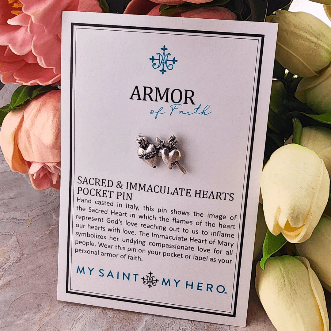Sister Dulce Gift Shop, Catholic Store, Religious Store, Catholic Jewelry, Religious Jewelry, Armor of Faith Pin, Sacred & Immaculate Heart Pocket Pin