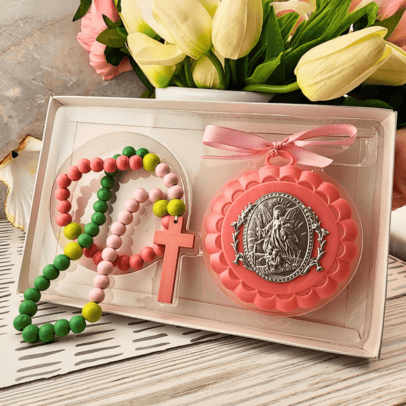 Baby Crib Medal with Rosary Pink Baby Gifts Christian Brands