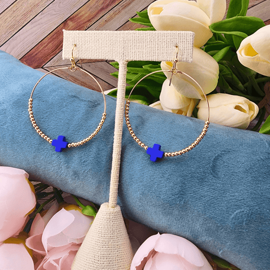 Beaded Hoop Earrings With Colorful Cross Blue Earrings Good Feelings