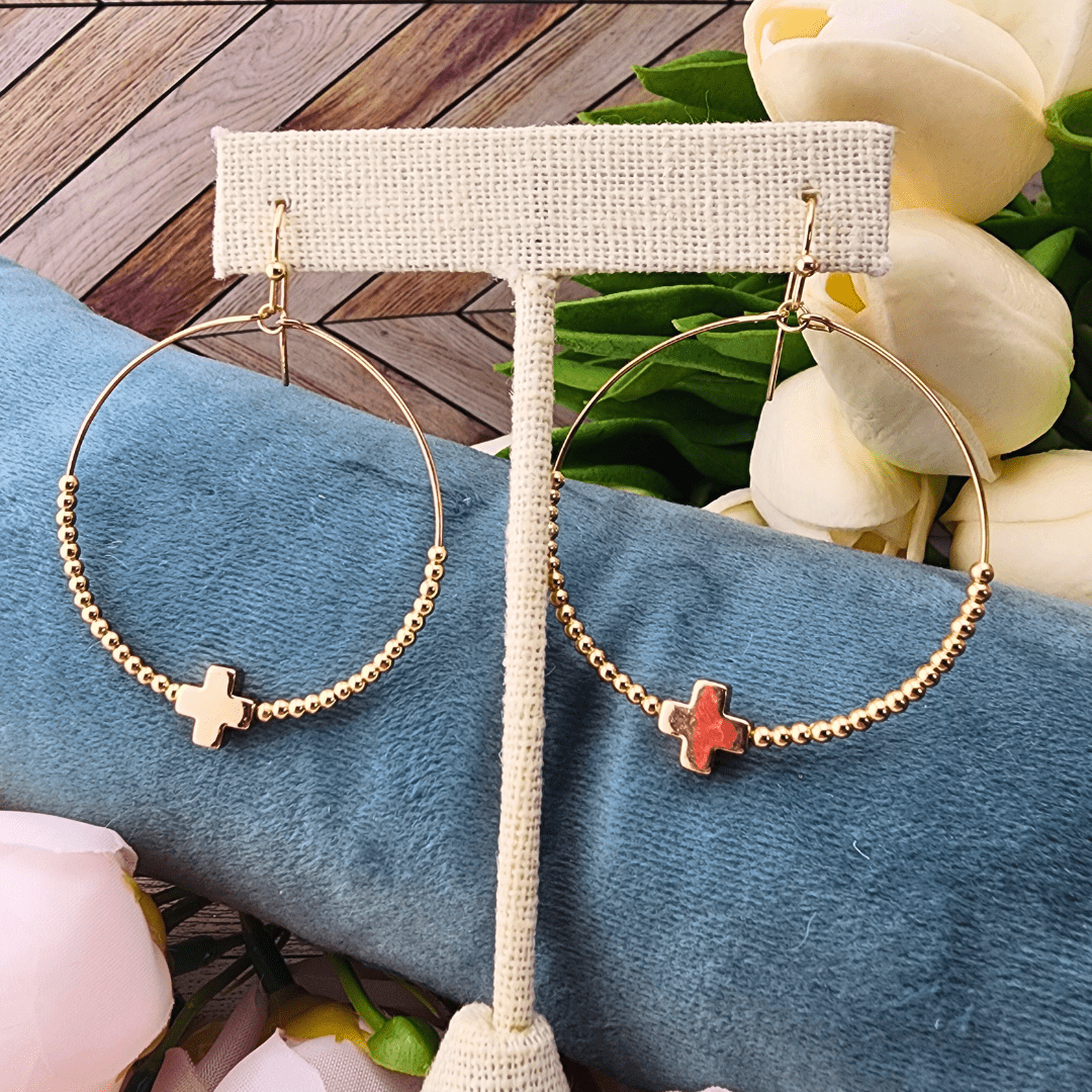 Beaded Hoop Earrings With Colorful Cross Gold Earrings Good Feelings