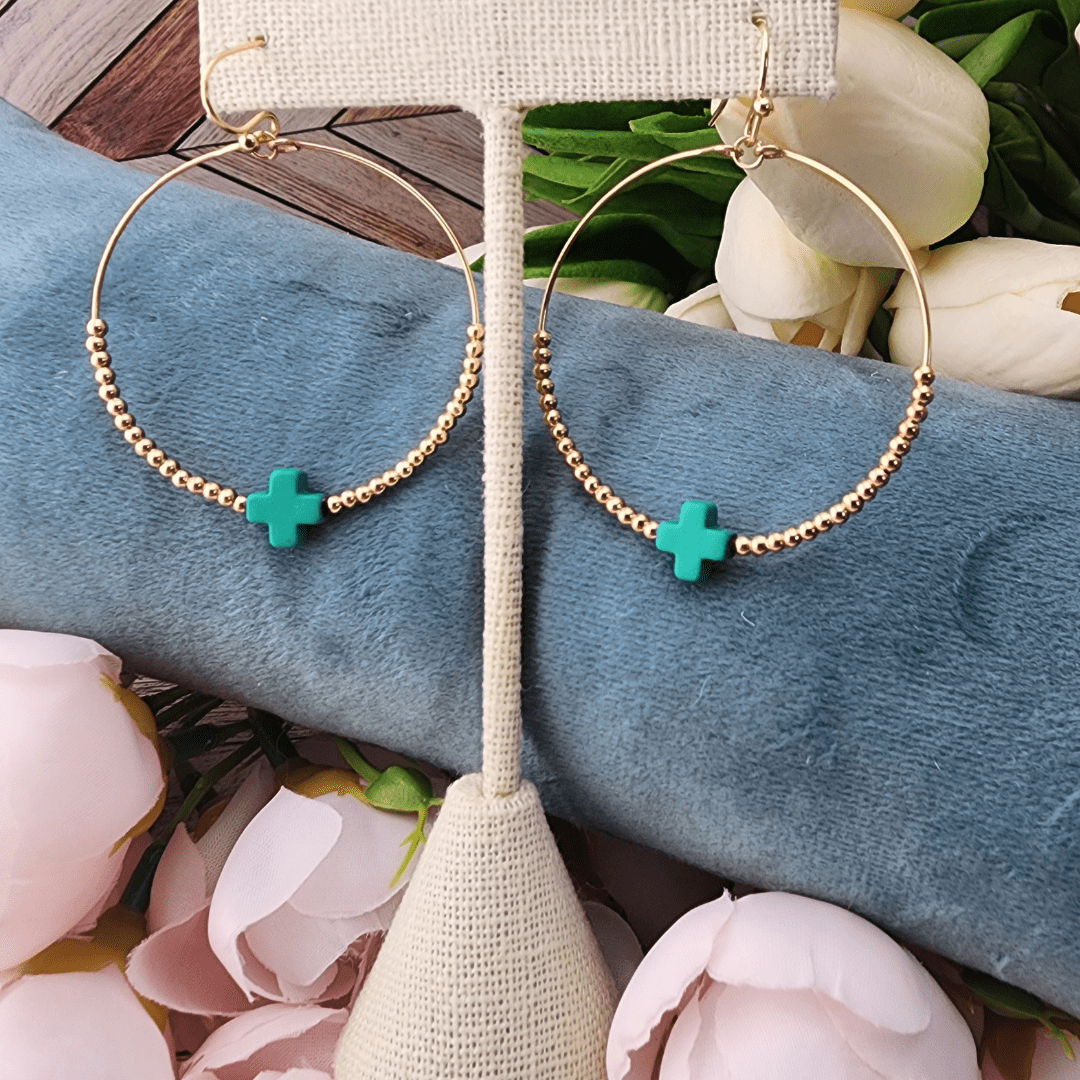 Beaded Hoop Earrings With Colorful Cross Green Earrings Good Feelings
