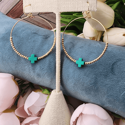 Beaded Hoop Earrings With Colorful Cross Green Earrings Good Feelings