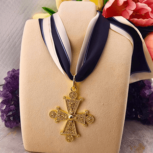 Black Line Border Scarf With Byzantine Cross Charm Necklace Golden Stella