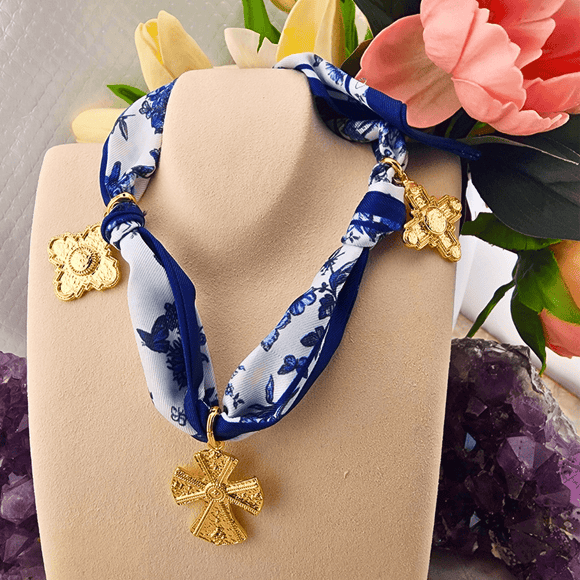 Blue Floral Scarf With Three Cross Charms Necklace Golden Stella