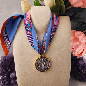 Blue Multi-Color Scarf With Charms St. Benedict Necklace Golden Stella