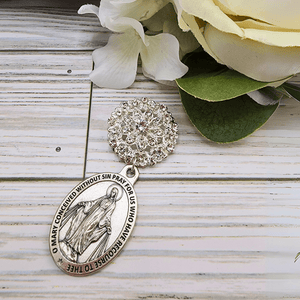 Bridal Bouquet Brooch Medium Scalloped Silver and Crystal With Medium Miraculous Medal Gift Good Leven and Designs