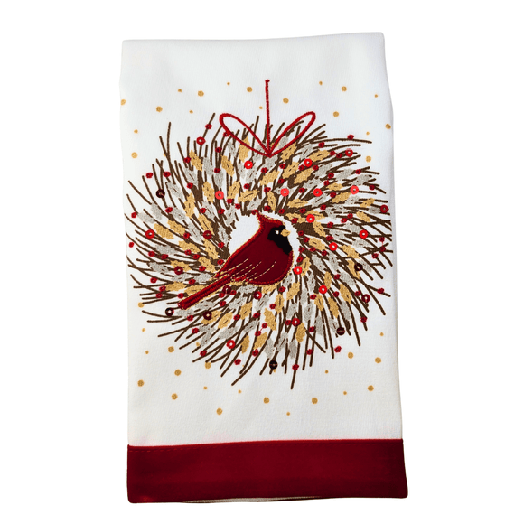 Cardinal Wreath Towel With Sequins Christmas K&K Interiors