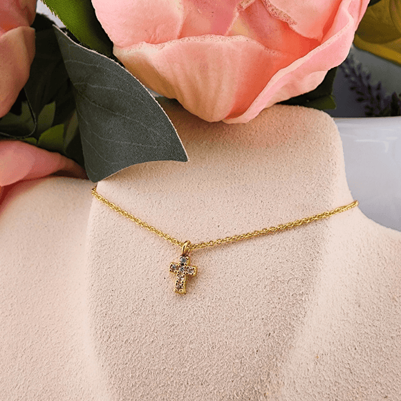 Children's Gold Plated Pave Mini Crystal Cross Necklace Jewelry Jane Marie LLC