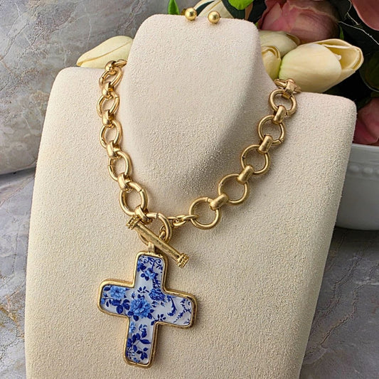Sister Dulce Gift Shop, Shepherds Staff, Religious Store, Cypress Springs Mercedarian Prayer Center, Catholic, Chinoiserie Print Cross Necklace Set Jewelry Golden Stella