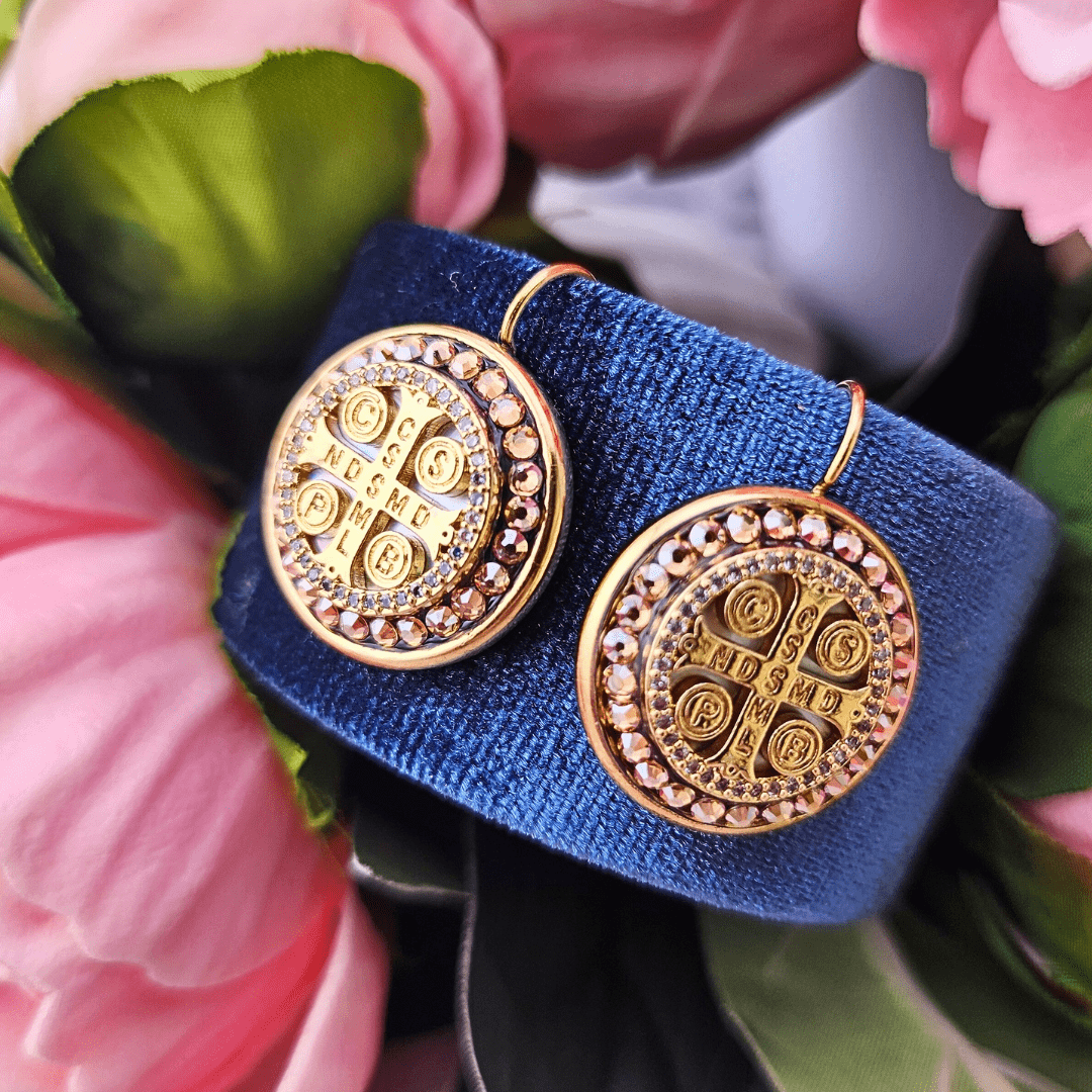 Classic Round Gold Coin St. Benedict Earrings Earings Mustard Seed Jewelry