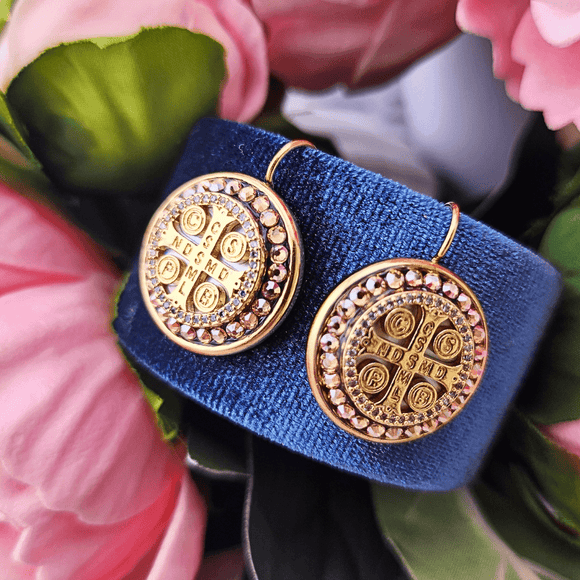 Classic Round Gold Coin St. Benedict Earrings Earings Mustard Seed Jewelry