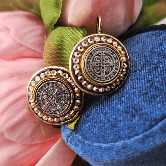 Classic Round Mixed Metal Coin St. Benedict Cross Earrings Mixed Metal Earings Mustard Seed Jewelry