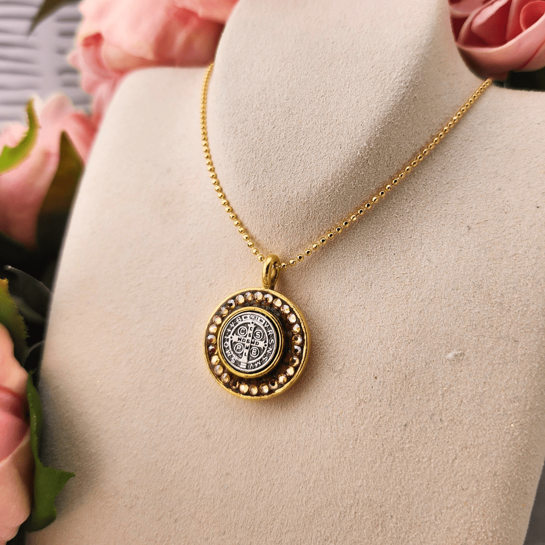 Classic Round Mixed Metal Coin St. Benedict Cross Necklace Mixed Metal Necklace Mustard Seed Jewelry