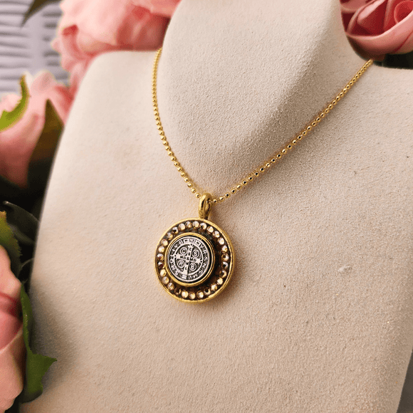 Classic Round Mixed Metal Coin St. Benedict Cross Necklace Mixed Metal Necklace Mustard Seed Jewelry