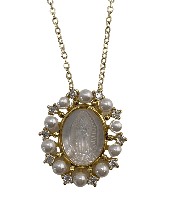 Dainty Pearl and Mother of Pearl Mary Pendant on Gold Chain Necklace Parker Madison
