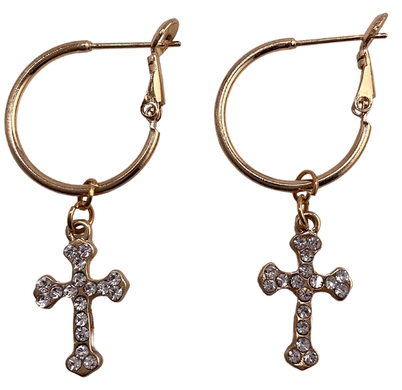 14KT Yellow Gold Dangling Cross Charms Mini Hoop Earrings – LSJ
