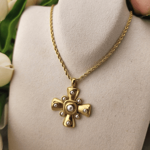 ELENA Gold Tone Cross Necklace with Pearl Accents Necklaces Ibiza Passion