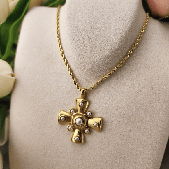 ELENA Gold Tone Cross Necklace with Pearl Accents Necklaces Ibiza Passion