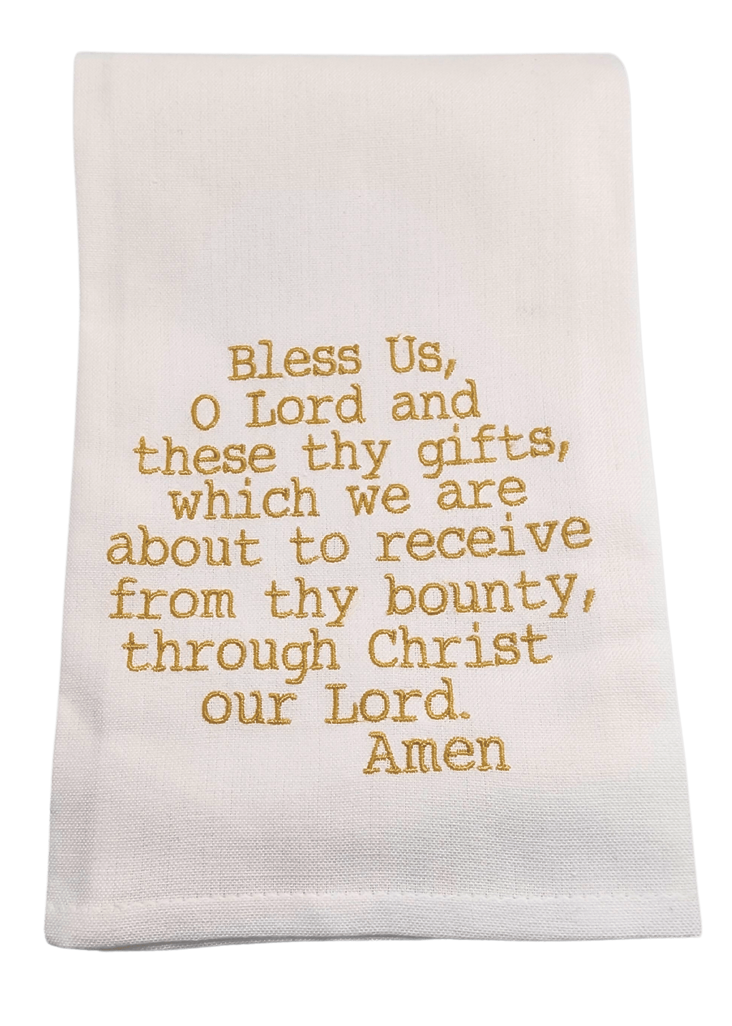 Embroidered Kitchen Tea Towels Bless Us, O Lord Hanging By A Thread