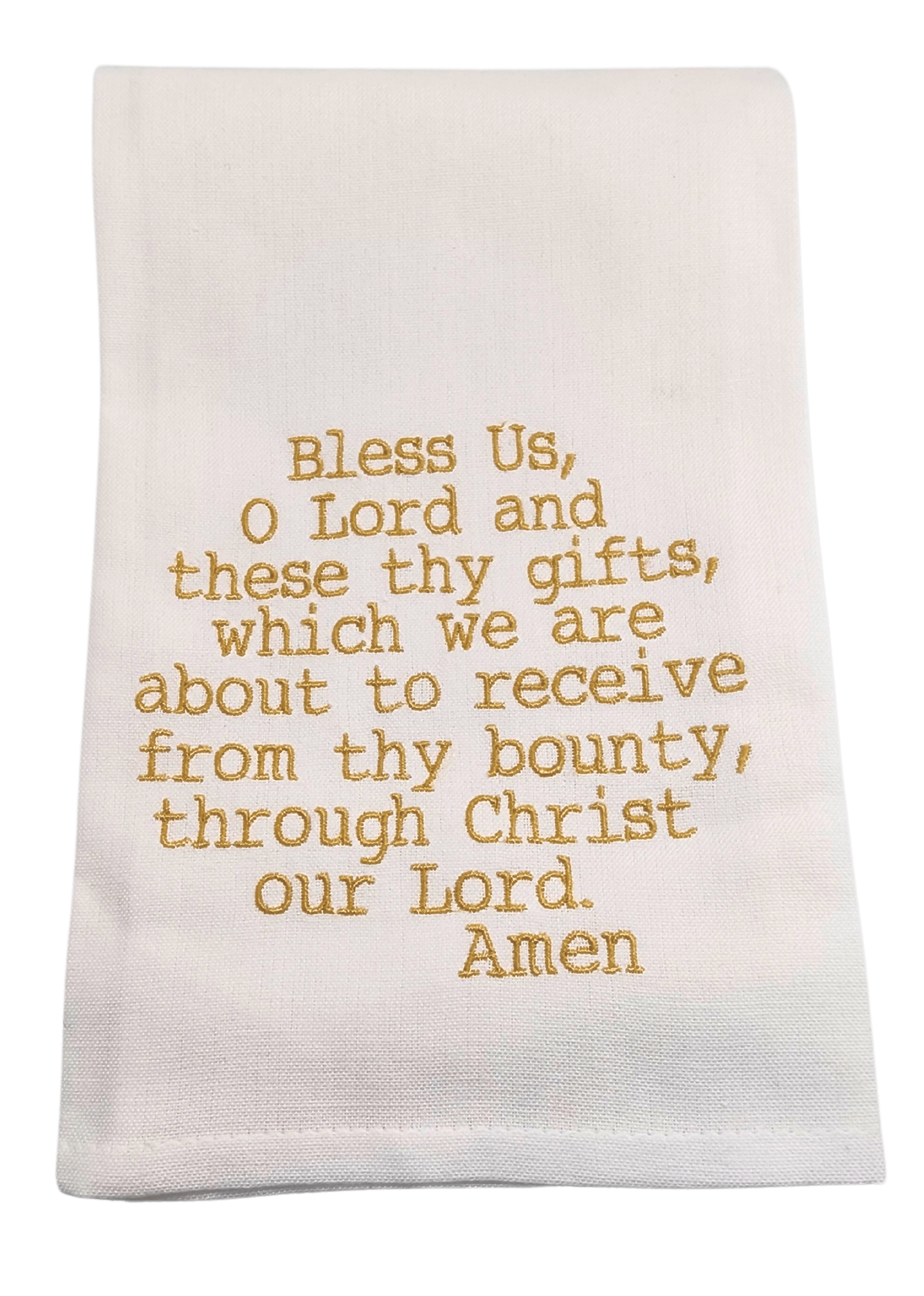 Embroidered Kitchen Tea Towels Bless Us, O Lord Hanging By A Thread