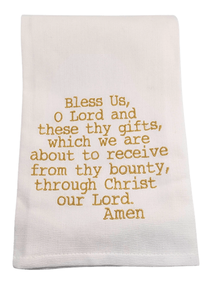 Embroidered Kitchen Tea Towels Bless Us, O Lord Hanging By A Thread