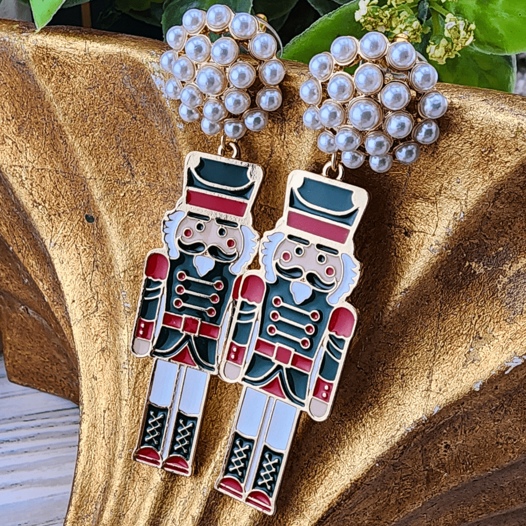 Enamel and Pearl Nutcracker Earrings Green Red White Earrings Golden Stella