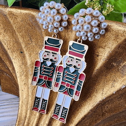 Enamel and Pearl Nutcracker Earrings Green Red White Earrings Golden Stella