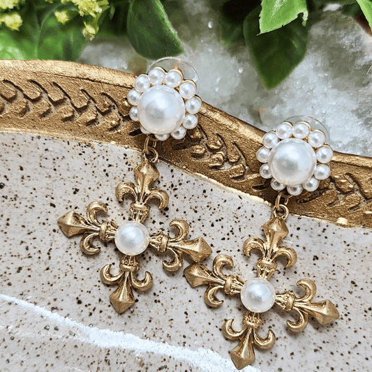 Fleur de Lis Cross Drop Earrings Earrings Canvas