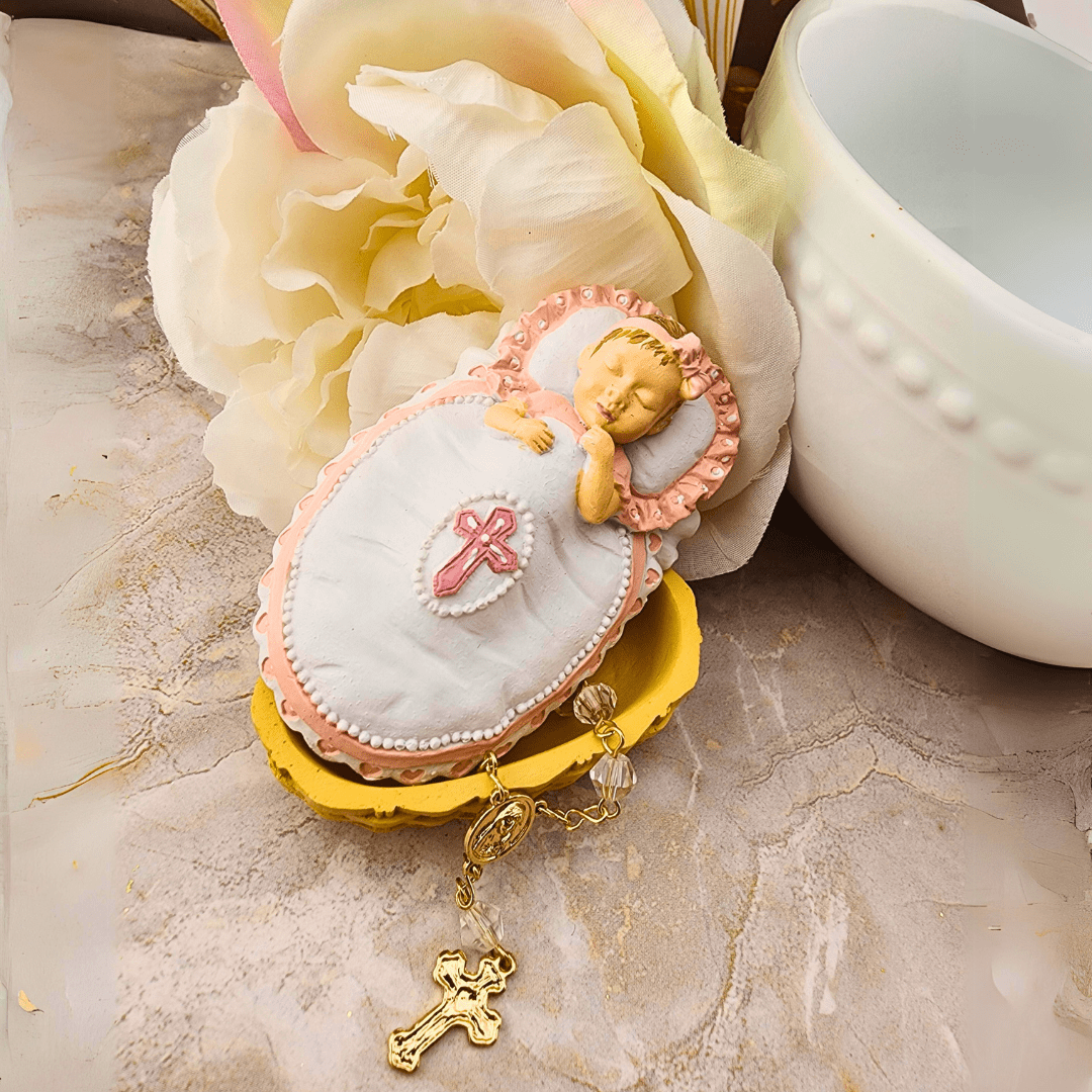 For This Child We Have Prayed Trinket Dish With Rosary Pink Baby Gifts Ganz