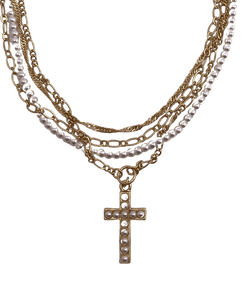 Four Layer Gold and Pearl Necklace with Pearl Cross Necklace Jane Marie LLC