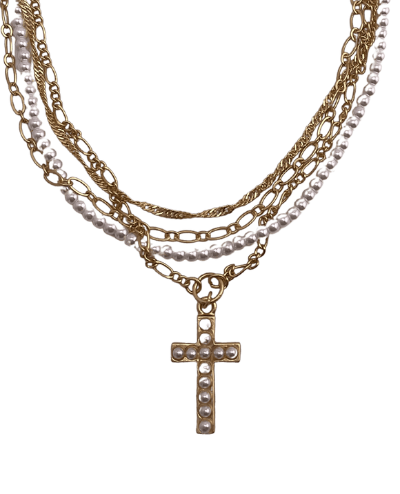 Four Layer Gold and Pearl Necklace with Pearl Cross Necklace Jane Marie LLC
