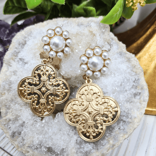 French Quatrefoil Pearl Stud Drop Earrings Earrings Canvas