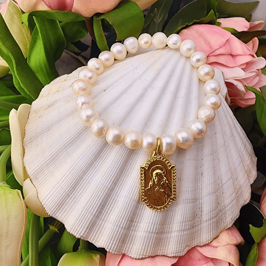 Fresh Water Pearl with Scapular Medal Bracelet Weisinger Designs