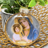 Glass Iconic Nativity Ornament Madonna and Child With Blue Veil and Crown Ornament One Hundred 80 degrees