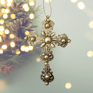 Glitter & Pearl Cross Ornament, 6.5 inches Christmas Decor Raz Imports
